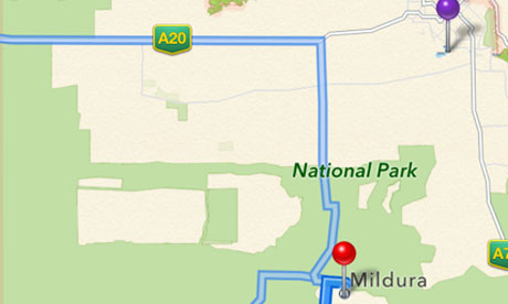 Purple pin shows actual location of Mildura. The red pin is the original incorrect location in iOS 6 Maps.