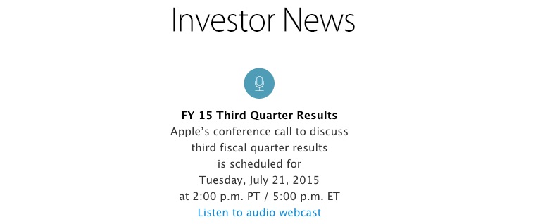 Apple to Announce Q3 2015 Earnings on Tuesday, July 21