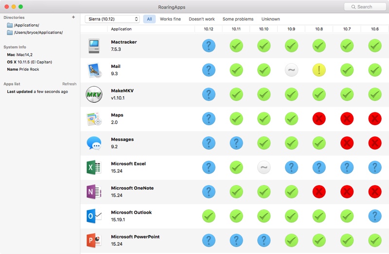 RoaringApps Website Tracks macOS Sierra Application Compatibility