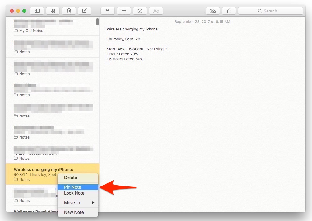 How To Pin a Note to the Top of the Notes List in macOS High Sierra