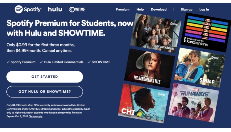 Spotify and Hulu Student $4.99 Subscription Bundle Adds Showtime Sub