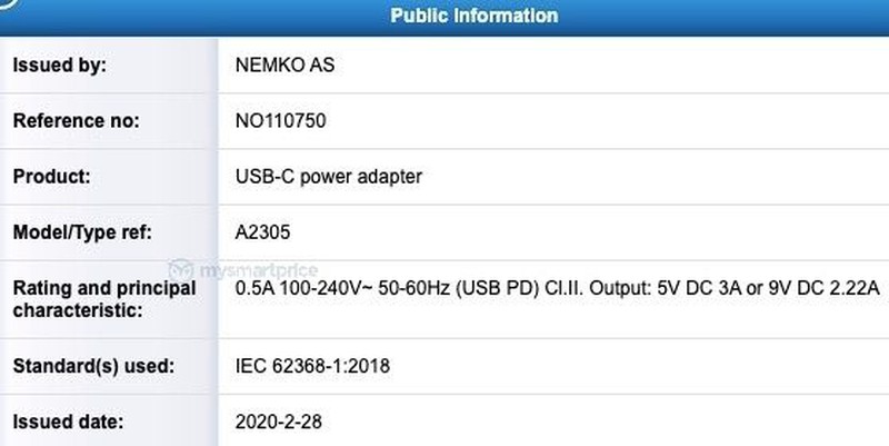 Apple A2305 20W Adapter Certification