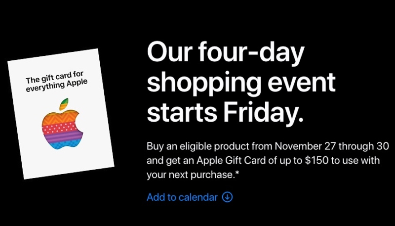 Apple Announces Black Friday & Cyber Monday Promo: Up to $150 Apple Gift Card With Select Purchases