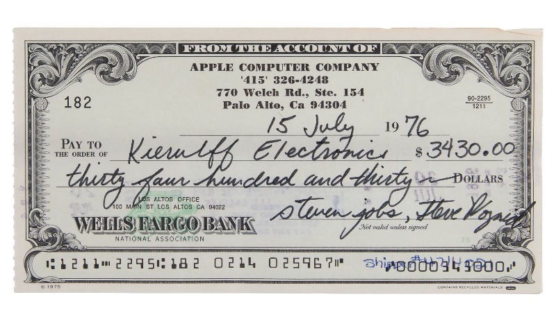 Rare 1976 Check Signed by Both Steve Jobs & Steve Wozniak to Be Auctioned