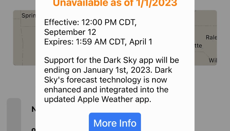 Apple Reminding Users That Dark Sky iOS Weather App Shutting Down on January 1