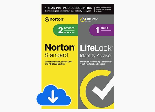Mactrast Deals: Norton 360 Standard for 2 Devices w/ LifeLock Identity Advisor, 1 Year Subscription w/ Auto Renew [Digital Download]