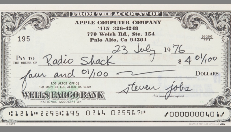 Apple Computer Co. Check to Radio Shack Signed by Steve Jobs Expected to Fetch $25,000+ at Auction