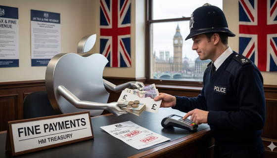 Image of an Apple logo paying a fine to the UK government - Created using Google Gemini