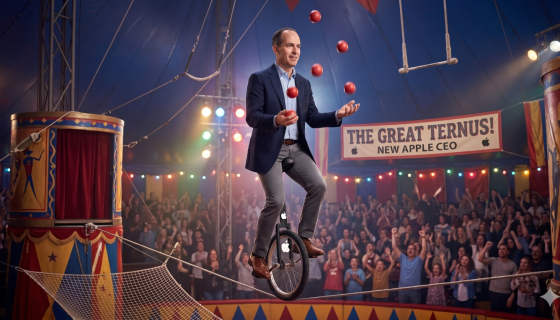 Gemini-generated image showing Apple's John Ternus as a juggler on a tightrope.