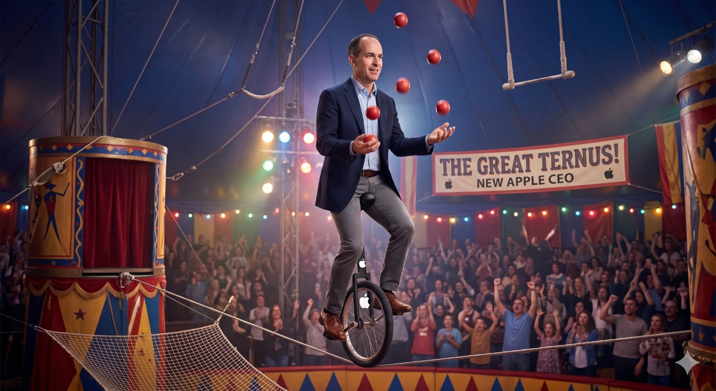 Gemini-generated image showing Apple's John Ternus as a juggler on a tightrope.