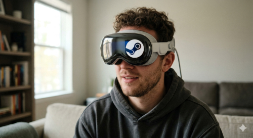 Google Gemini-created image of man wearing Apple Vision Pro with a Steam logo on it.