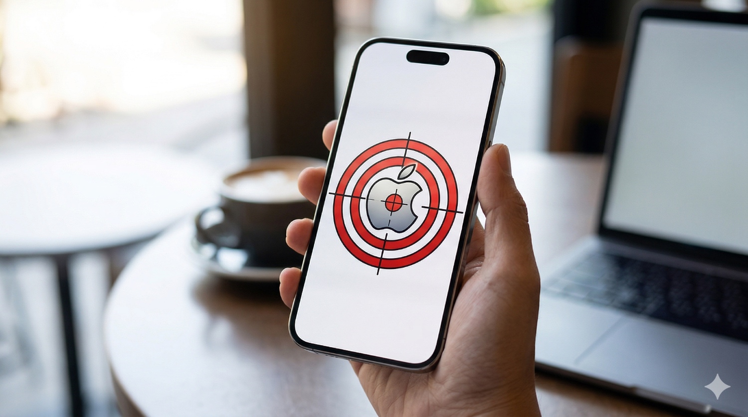 Image generated by Google Gemini, showing iPhone with target Apple logo on its screen.